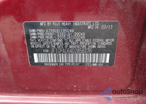 2013 Subaru Impreza 2.0I Limited from USA, damaged, VIN JF1GPAG64D2858176